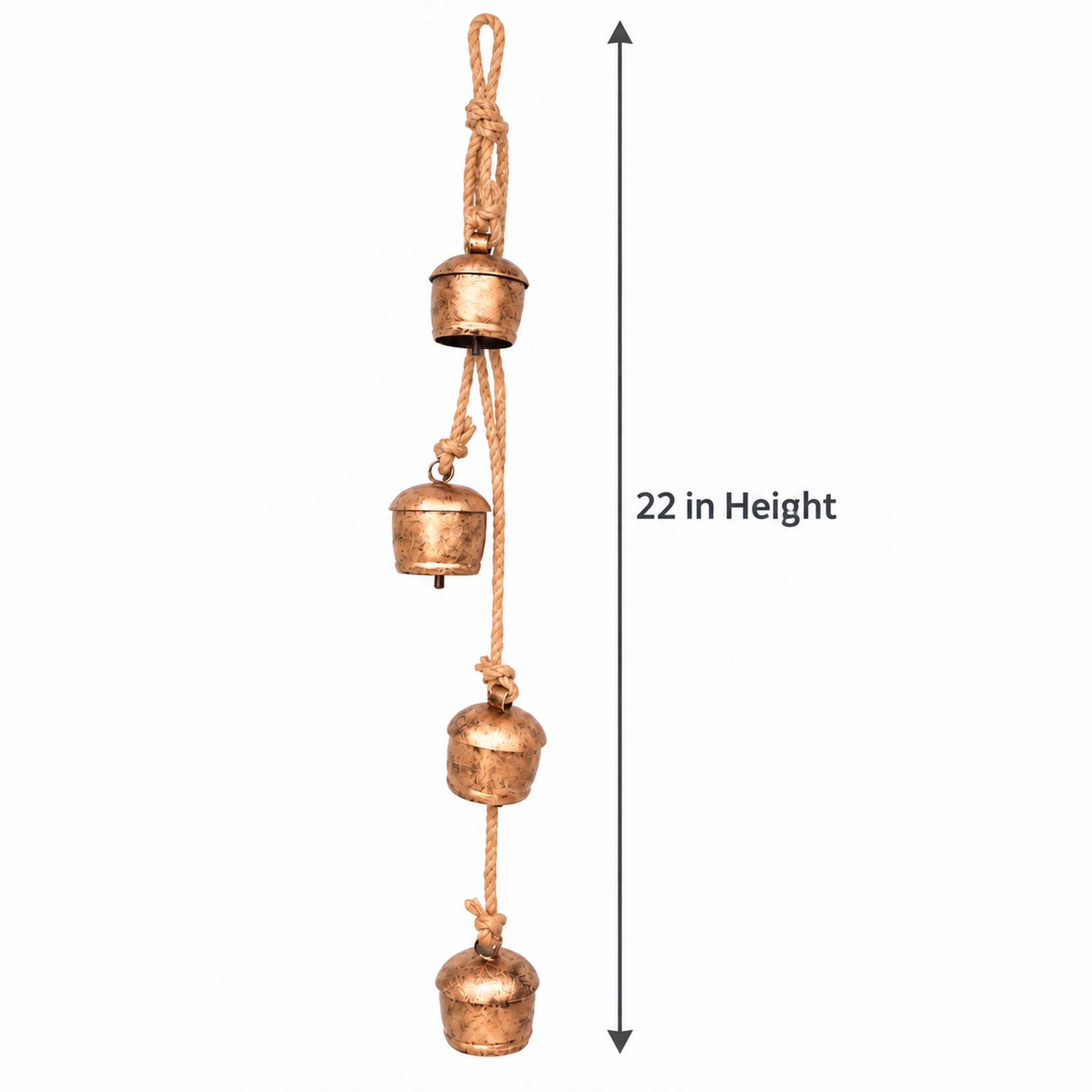 My Texas House 4-Pieces Metal Hanging Bells Antique Gold Finish with Jute Hanging, 22 inch