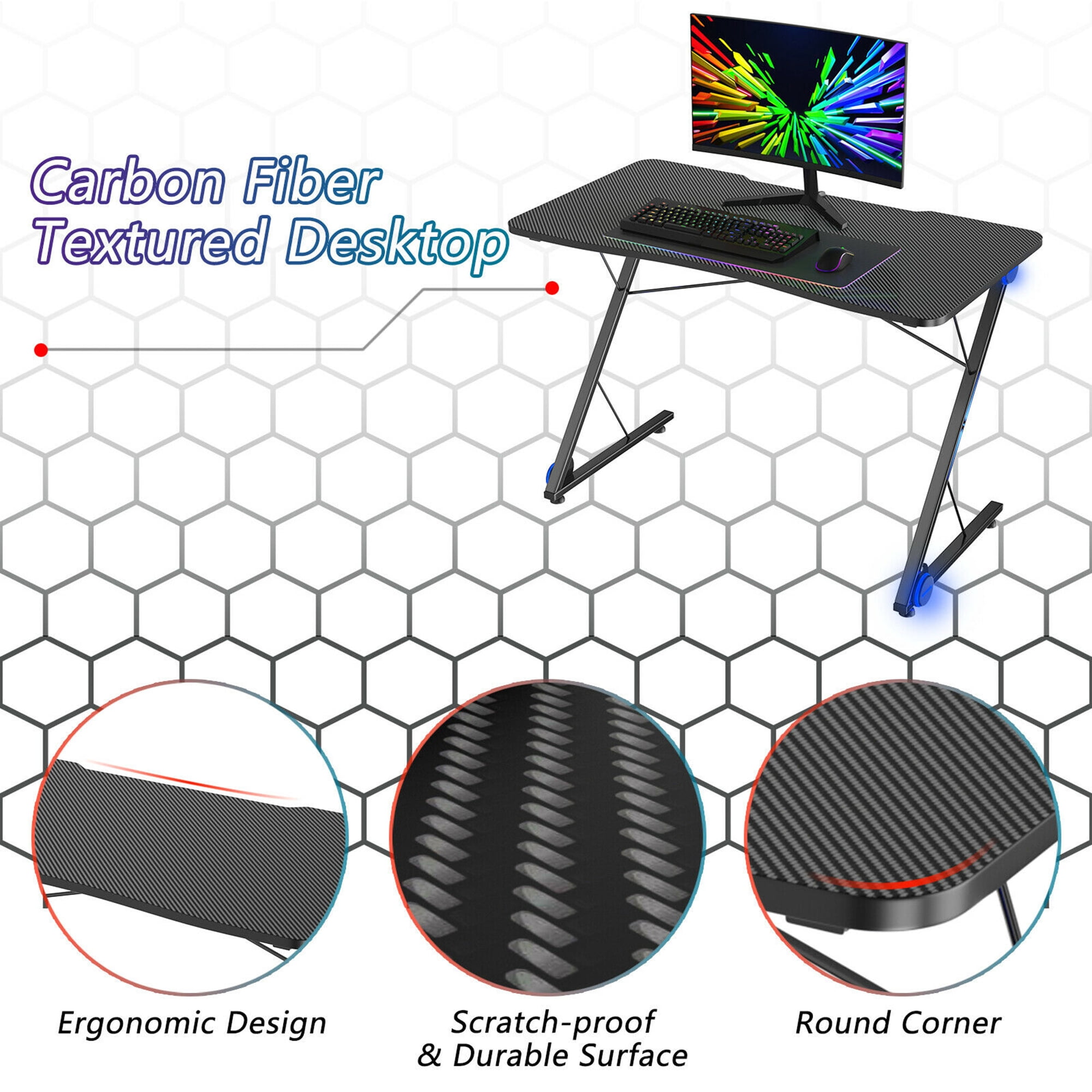 Gymax 43.5 inch Gaming Desk Z Shape Office PC Computer Desk Gamer Tables w/ LED Lights