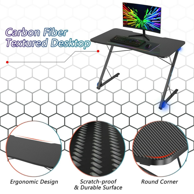 Gymax 43.5 inch Z Shape Gaming Desk with LED Lights for