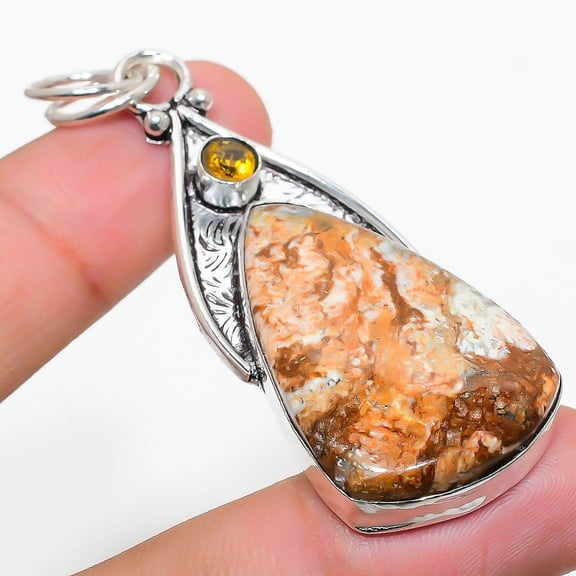 Natural Brecciated Mookaite, Citrine 925 Sterling Silver Pendant 2.56"