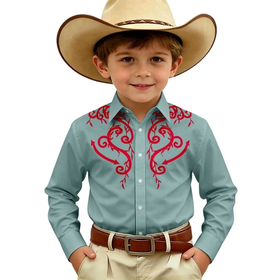 Kiijoy Boys Western Cowboy Shirt Lightweight Long Sleeve Button Down Shirt, Sizes 4-13