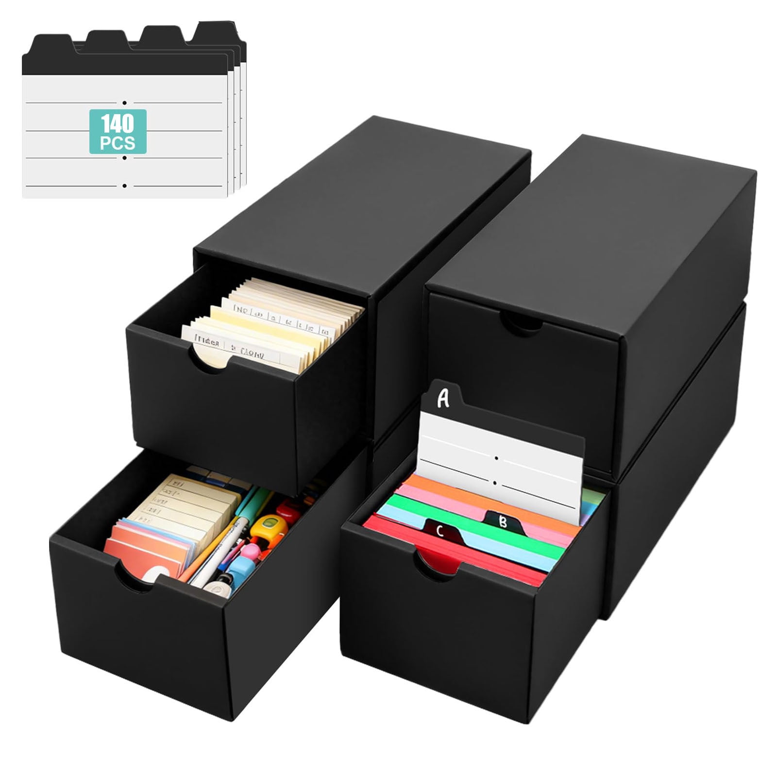 4Pack Index Card Holder with 140 Card Dividers, Total Hold 4000 Cards Index Card Box, Flash Card Holder, Index Cards Case, for Note Card Organizer, Black Index Card Storage Box for Notecard Recipe
