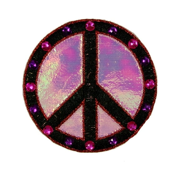 Black On Pink Jeweled Peace Sign Patch Hippie Happy Embroidered Iron On Applique