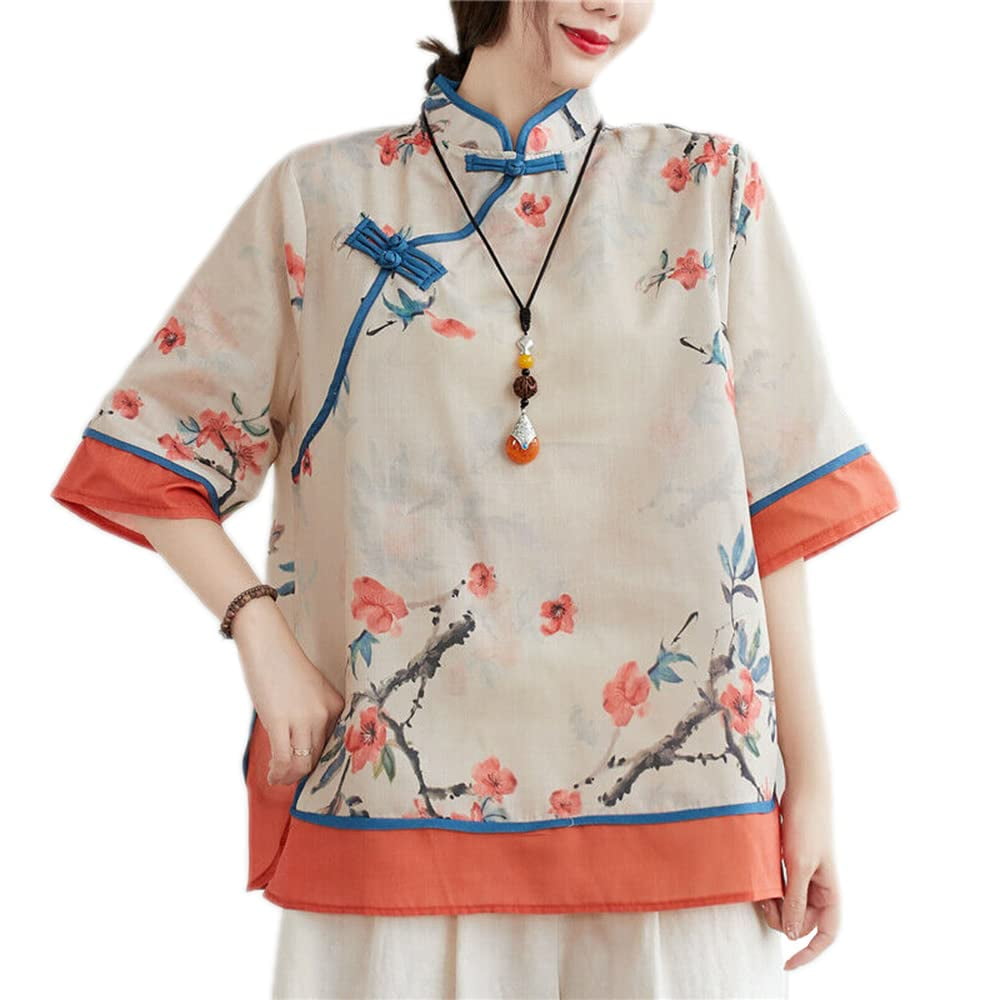 HAORUN Women Chinese Ethnic Floral Shirt Blouse Stand Up Frog Button 3/ ...
