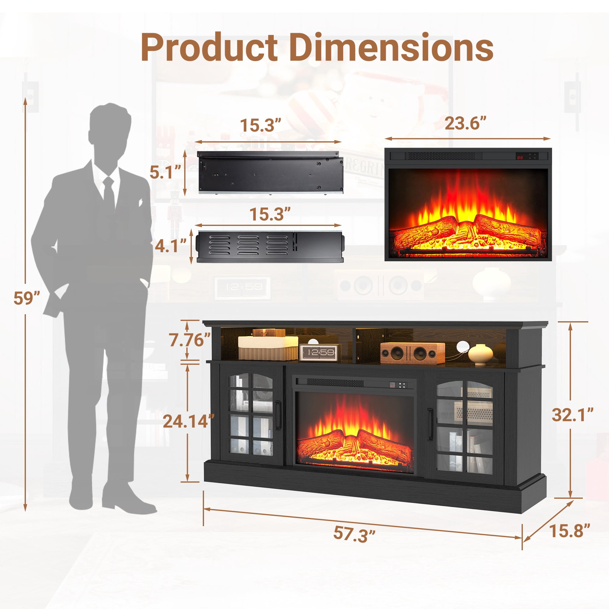 Paproos Fireplace TV Stand for 65 inch TV with LED Lights, 32.0in Tall TV Stand with 23'' Electric Fireplace, Entertainment Center for Living Room, 400 Sqt Heating Area,Black Tabletop&Black Cabinets