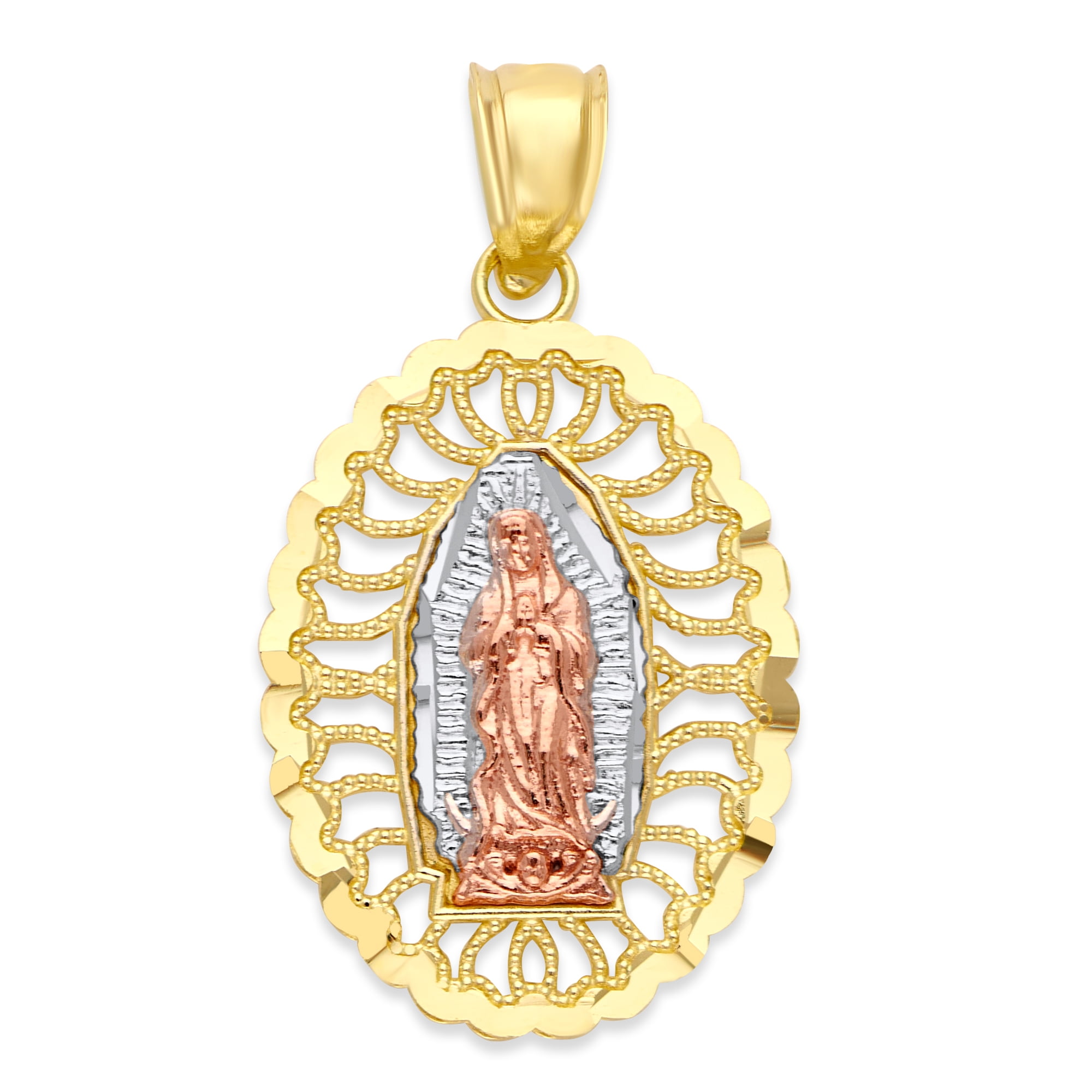 Ice on Fire Jewelry 14k Tricolor Gold Round Shape Diamond Cut Finish Our Virgen de Guadalupe Religious Medal Necklace