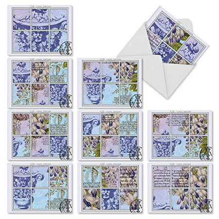 'M3982 FRENCH FLORALS' 10 Assorted All Occasions Notecards Featuring Stamp Block-like images of French Typography Florals and Sculptural Elements with Envelopes by The Best Card