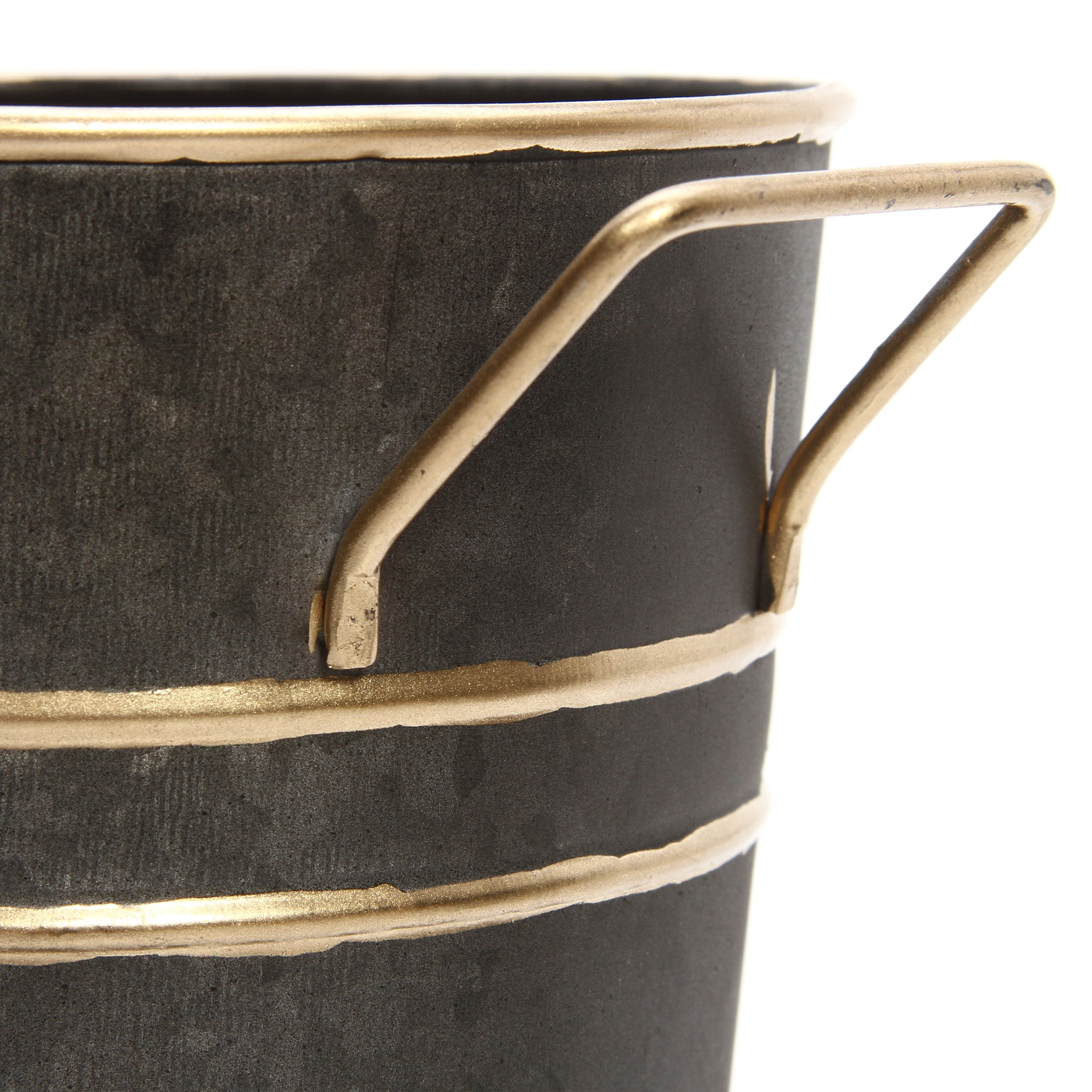 Elegant Expressions by Hosley Metal French Bucket with Handles, 5'', Black Zinc with Gold Trim
