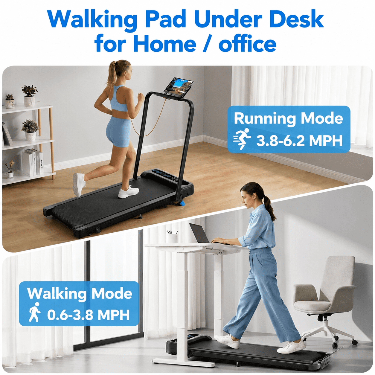 YZRUN Treadmill with Handle Bar, Under Desk Walking Pad with 8% Incline, Foldable Treadmills for Home, 350 LBS Capacity