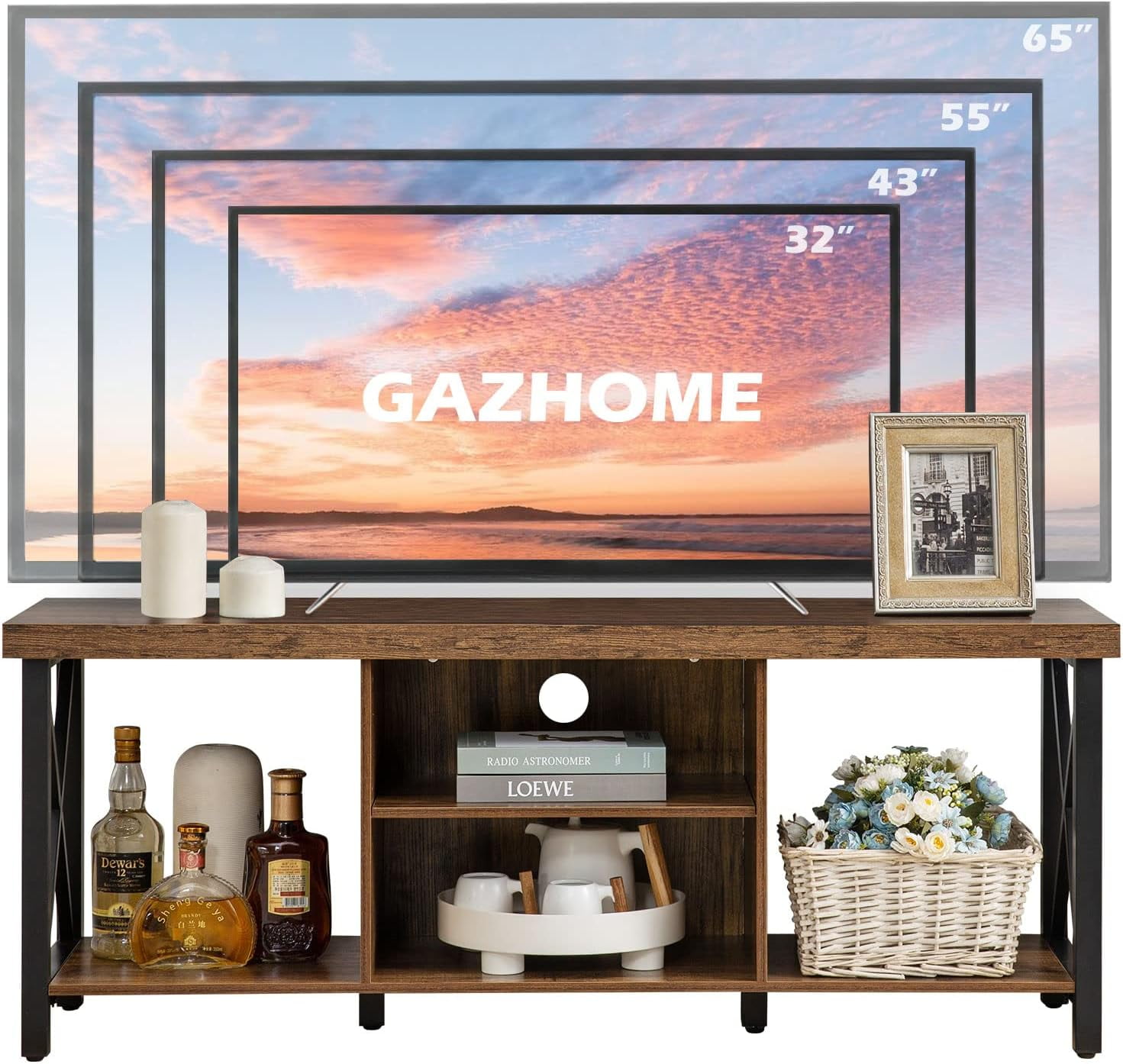 Reliancer Farmhouse TV Stand for TVs up to 55", with 4 Number of Shelves, Open Storage, Rustic Brown