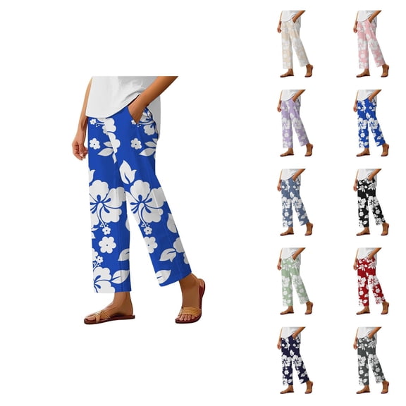 Boho Beach Pants for Women Casual Floral Print Elastic Waist Wide Straight Leg Loose Linen Cropped Pants with Pockets