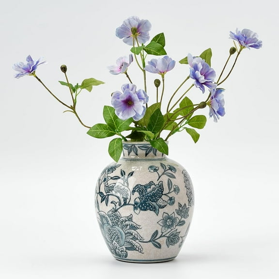 Ceramic Chinoiserie Floral Vase | 6.3 Inch Blue and White Vintage | Retro Ice Cracked Blue and White Porcelain Vase for Table, Living Room, Bathroom Decoration, Shelf Decor, Mantel