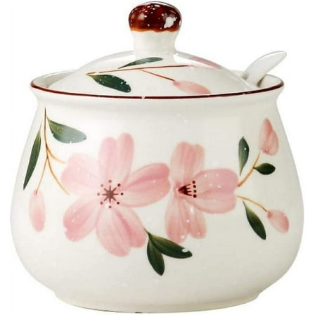Japanese Hand-Painted Ceramic Sugar Bowl with Lid and Spoon, Flower Design Seasoning Jar