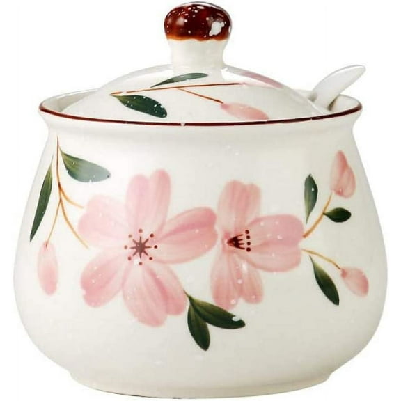 Japanese Hand-Painted Ceramic Sugar Bowl with Lid and Spoon, Flower Design Seasoning Jar