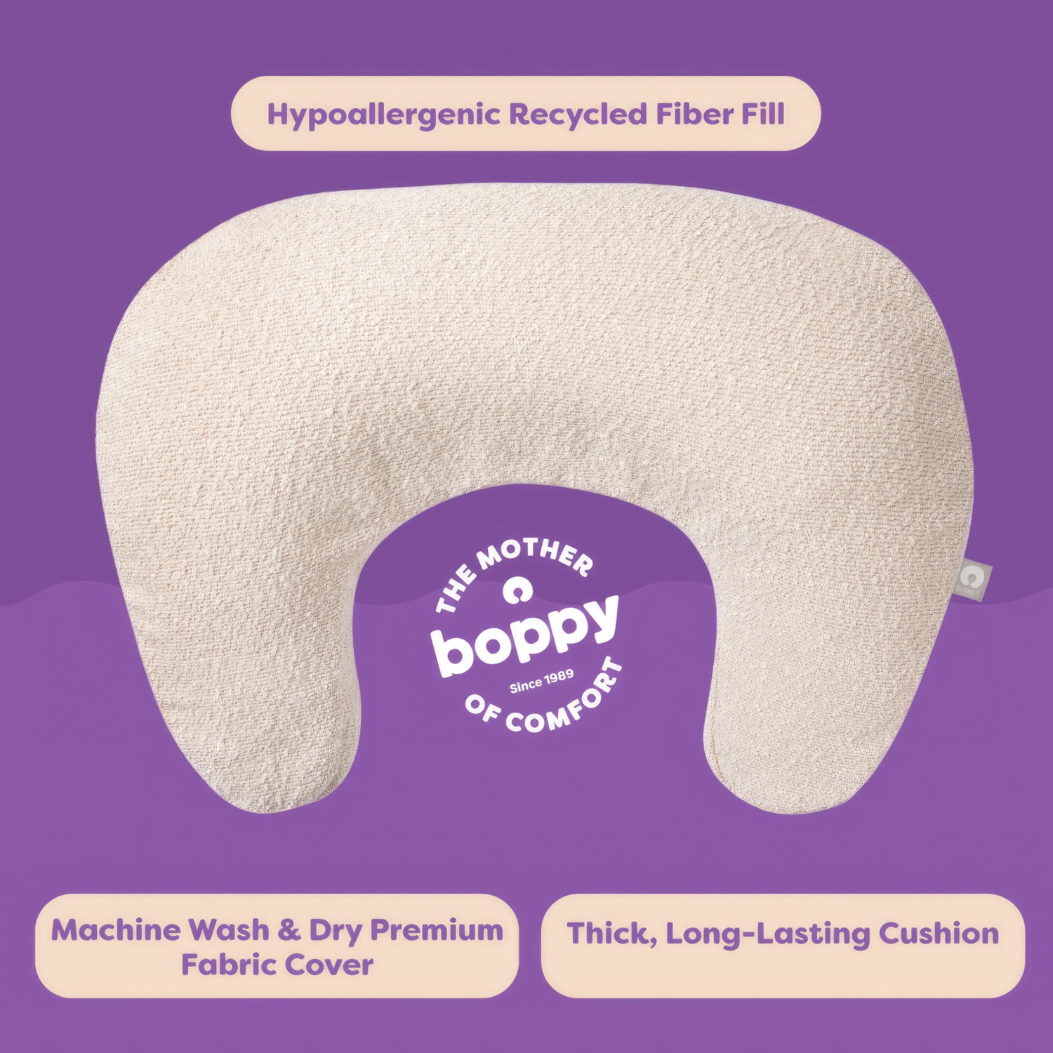 Boppy Nursing Pillow - Ergonomic Bottle & Breastfeeding Pillow, Higher, Firmer & Larger, Water-Repellent with Washable Premium Fabric Cover, Baby Safety Alliance Verified - Boucle Oatmeal