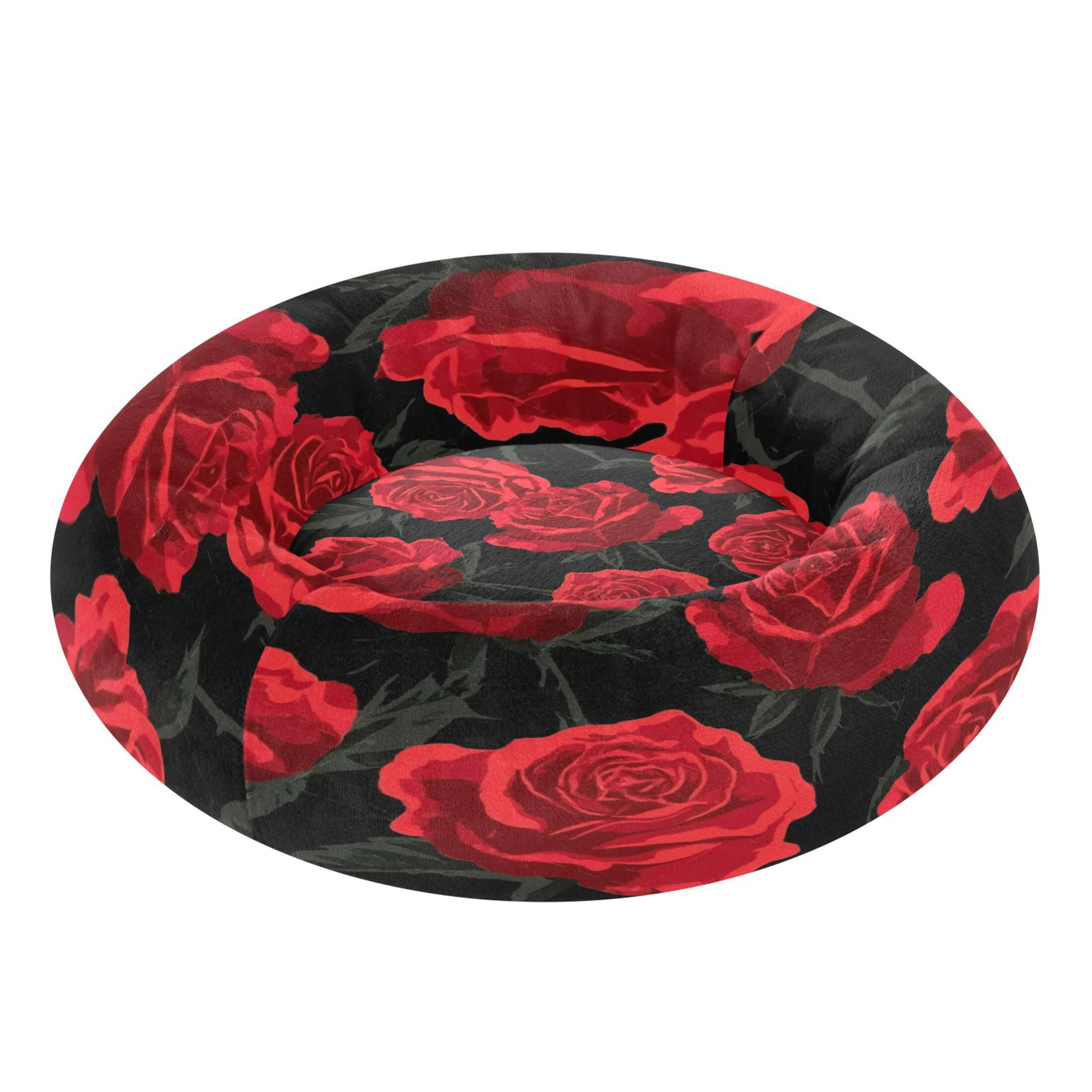 Iauyy Pet Couch Donut Cat Bed for Indoor Cats/Small Dogs Washable & Machine with Non-slip Bottom Calming Cat Furniture, Black and Red Roses (M)