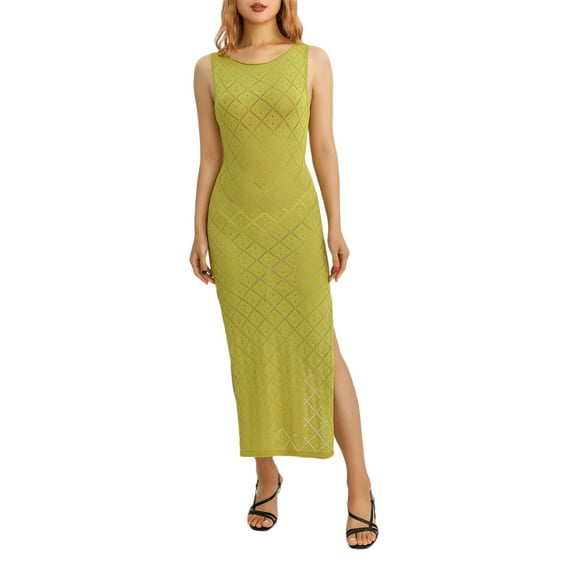 Women Sexy Knitted Maxi Dress Crochet See Through Bodycon Maxi Dress Swimsuit Cover up Dress Beach Swimwear