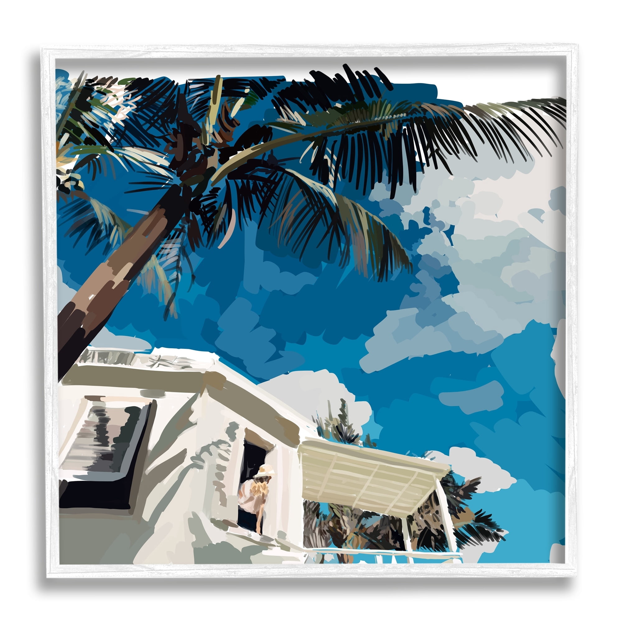 Stupell Industries Tropical Summer Cottage Girl Clear Blue Sky Graphic Art White Framed Art Print Wall Art, Design by Amelia Noyes