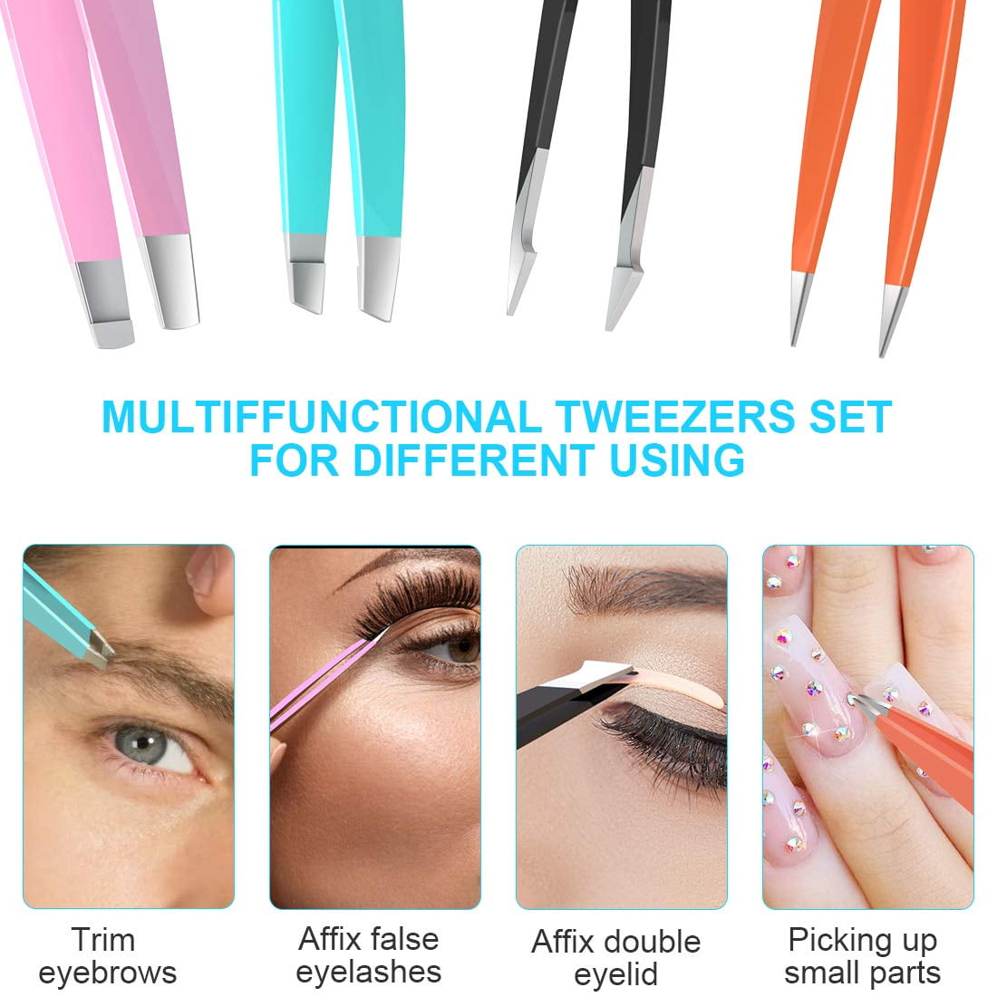 Eyebrow Tweezer Set, 4 Pcs Tweezers Set for Women, Precision Tweezer for Eyebrows with Curved Scissors for Ingrown Hair, Hair Plucking Daily Beauty Tools with Leather Travel Case