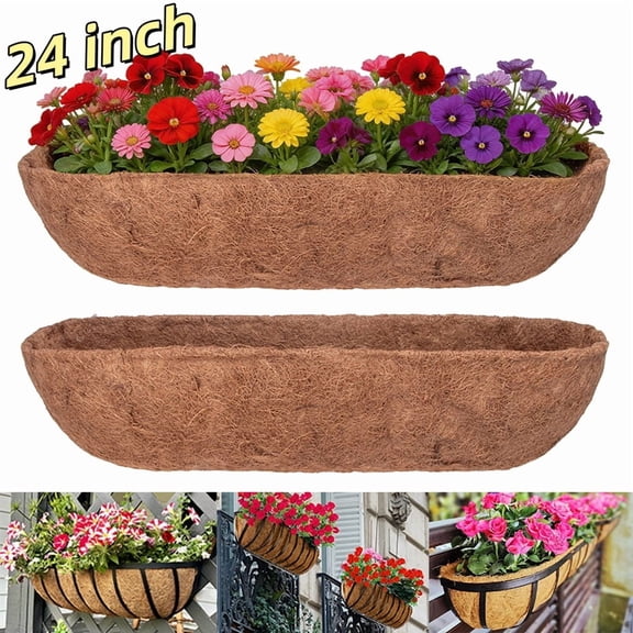 24 Inch Coconut Coir Liner 2 Pack, Pre-Formed Trough Coco Fiber Replacement for Window Box, Deck Railing, Hanging Basket Planter