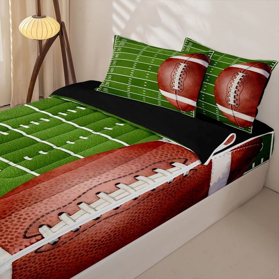 Homewish Football Field Zipper Full Size Comforter Sets with Fitted Sheet and 2 Pillowcases, Watercolor Soccer Zipper Bedding Set for Boys and Girls, Black Reversible, 4pcs