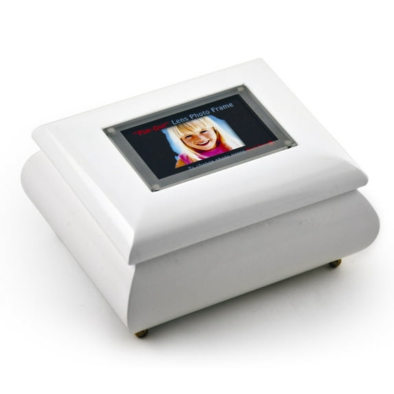 3" X 2" Wallet Size White Lacquer Photo Frame Music Box With New Pop-Out Lens System - Eine Klien Nachtmusik, Allegro - SWISS