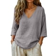 thumbnail image 3 of Women's V Neck 3/4 Sleeve Linen Blouse Loose Fit Solid Color Summer Top, 3 of 7