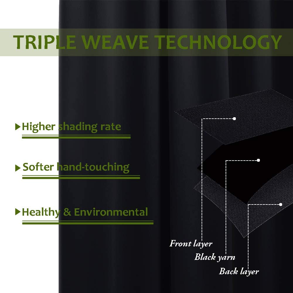 Amay Blackout Double Pinch Pleated Curtains Panel Black Solid, 72 Inch Wide by 96 Inch Long- 1Panel