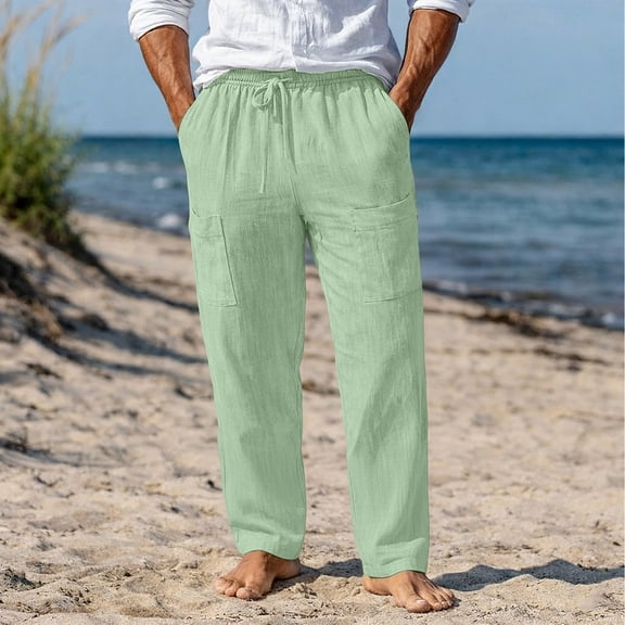 Mifsaly Cotton Linen Pants for Men Wide Leg Summer Casual Trousers Elastic Waist Drawstring Lightweight Breathable Beach Pant with 4 Pockets M