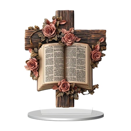 C Cross Rose And Book Easter 2D Printed Acrylic Ornament Decoration For Desktop Tabletop