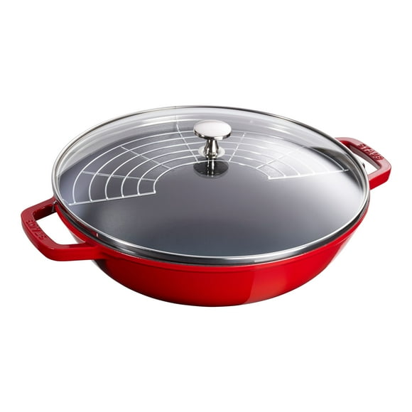 STAUB Specialities 30 cm / 12 inch Cast Iron Wok With Glass Lid, Cherry