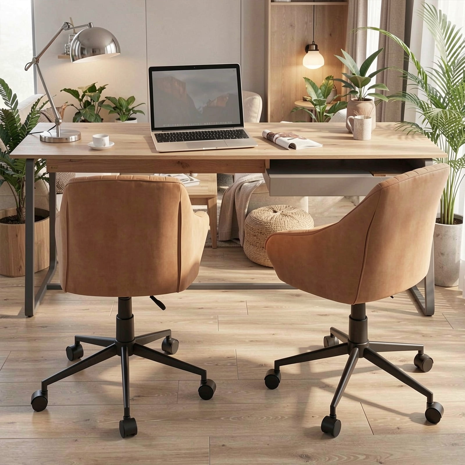 Furnibear Modern Home Office Chair Ergonomic PU Leather Swivel Task Chair Adjustable Height Computer Desk Chair with Curved Backrest, Brown