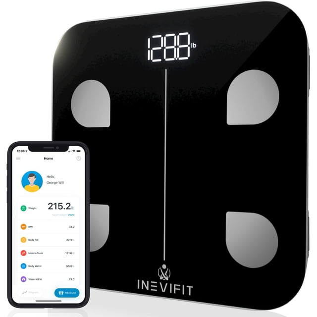 Báscula inteligente de grasa corporal INEVIFIT, analizador de composición corporal digital con Bluetooth de alta precisión para baño. Mide grasa corporal, agua, masa muscular, masa ósea y más para un