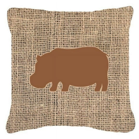 Hippopotamus Burlap and Brown Indoor & Outdoor Decorative Fabric Pillow - 18 x 18 in.