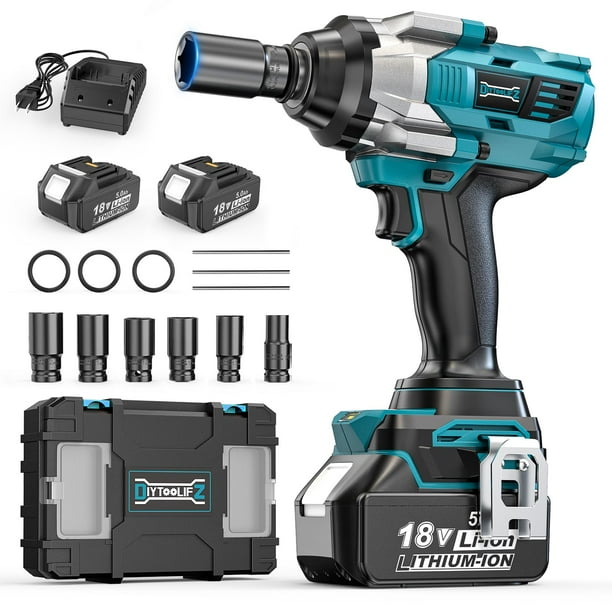 Llave de impacto inalámbrica DIYToolifz de 18 V, 1360 N.m, con batería de 2 x 5 Ah