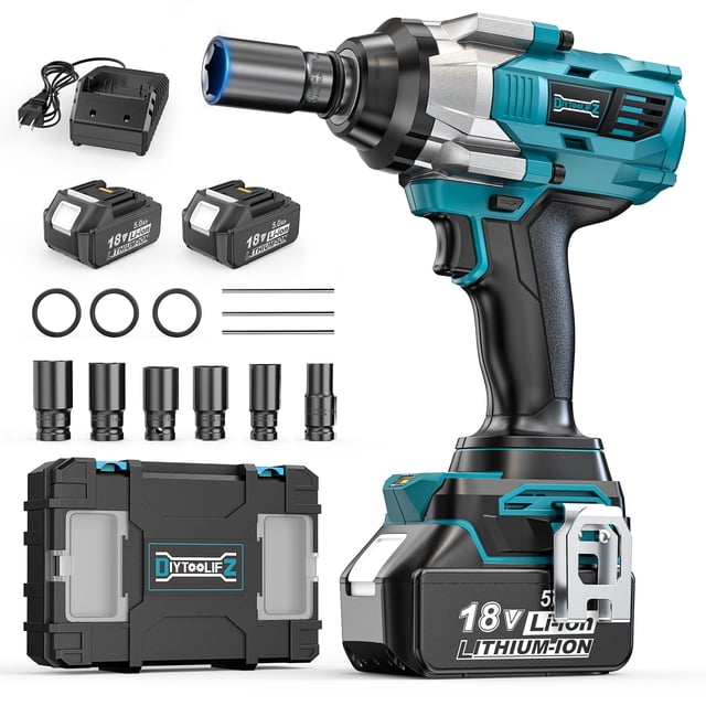 Llave de impacto inalámbrica DIYToolifz de 18 V, 1360 N.m, con batería de 2 x 5 Ah