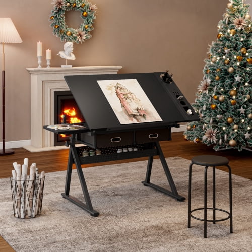 adjustable drawing drafting table desk with 2 drawers for home office and school with stool(black)