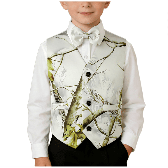 Boys 3 Button 1 Piece Gray Satin Camouflage Dress Vest with Bow Tie Formal Sleeveless Waistcoat for Wedding Party Banquet or Outdoor
