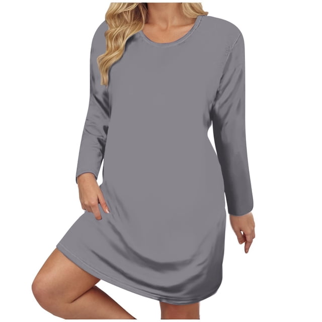 cfhntfmh Robes Mini pour Femmes Grande Taille Douces à Manches Longues Robe T-Shirts Décontractée Ample Col Ras du Cou Couleur Unie Robe d'Automne