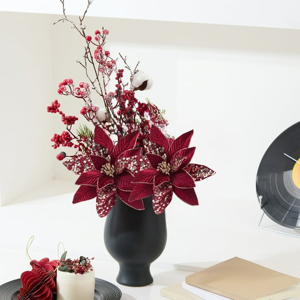 Flores Artificiales Navideñas Rojas | Arreglo Floral Navideño de Tela de Alta Gama | Jarrón Decorativo Ligero | Decoración Festiva para Interiores y Exteriores, Fiestas y Reuniones