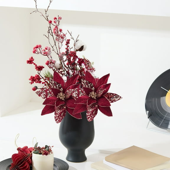 Diceymbol Red Christmas Artificial Flowers Cloth Vase Arrangement 13.77 Inch