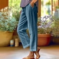thumbnail image 7 of VEKDONE Summer Linen Straight Trousers for Women High Elastic Waist Ankle Pants Loose Fit Plus Size Lounge Pant with Pockets Solid Color Lightweight Long Pants ZB Blue Large, 7 of 7