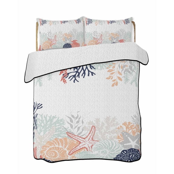 Full Size Quilt Bedding Set, Coastal Starfish Reversible Summer Quilt 3 Pieces, Ocean Weeping Coral Beach Conch Orange Lightweight Bedspreads Coverlets with 2 Pillow Shams for All Seasons