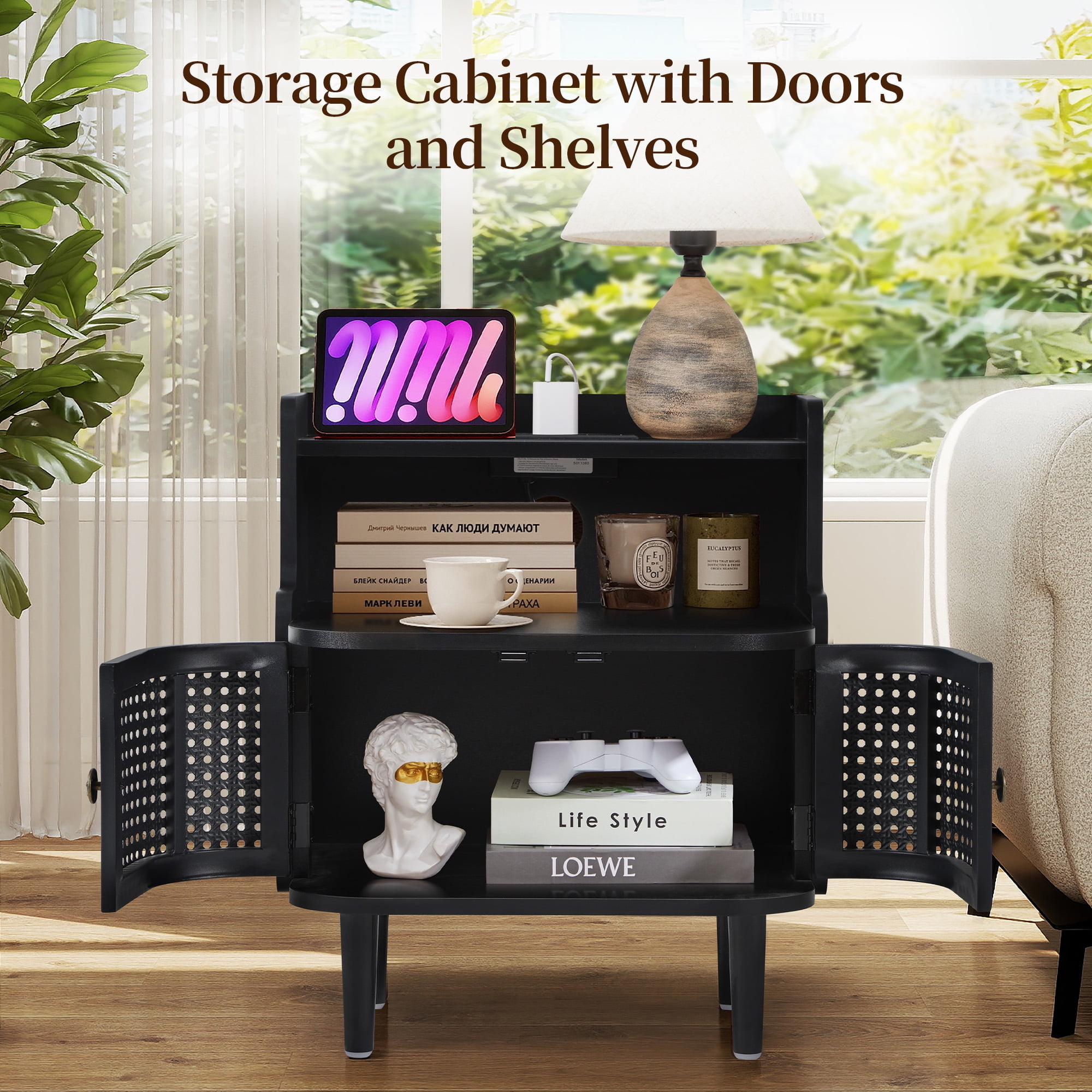 YOCWO Large Storage Nightstand Set of 2 with Charging Station Iron Rattern Pattern, Farmhouse Square End Table with 2 Door and Open Shelf for Bedroom Living Room, Black