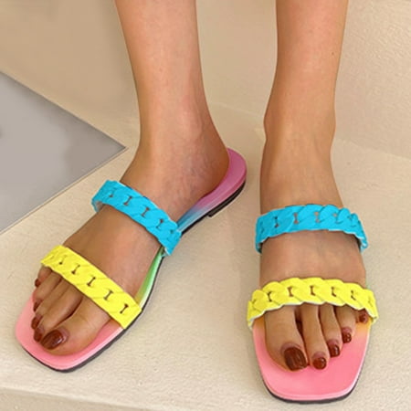 

YTJX Fashion Spring And Summer Women s Rainbow Flat Beach Sandals Colorful Chain Slippers