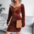 thumbnail image 2 of Gibobby Vestidos de noche cortos Camisas de suéter para mujer Manga larga Ligero Cuello cuadrado Fuera del hombro Vestido de tubo fruncido de color sólido(Marrón,G), 2 of 5