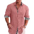 thumbnail image 3 of Camisa con botones para hombre, manga larga, cuello vuelto, patrón liso exterior, estampado interior a cuadros, camisa holgada informal suave para hombre, 3 of 6