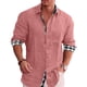 thumbnail image 3 of Camisa con botones para hombre, manga larga, cuello vuelto, patrón liso exterior, estampado interior a cuadros, camisa holgada informal suave para hombre, 3 of 6