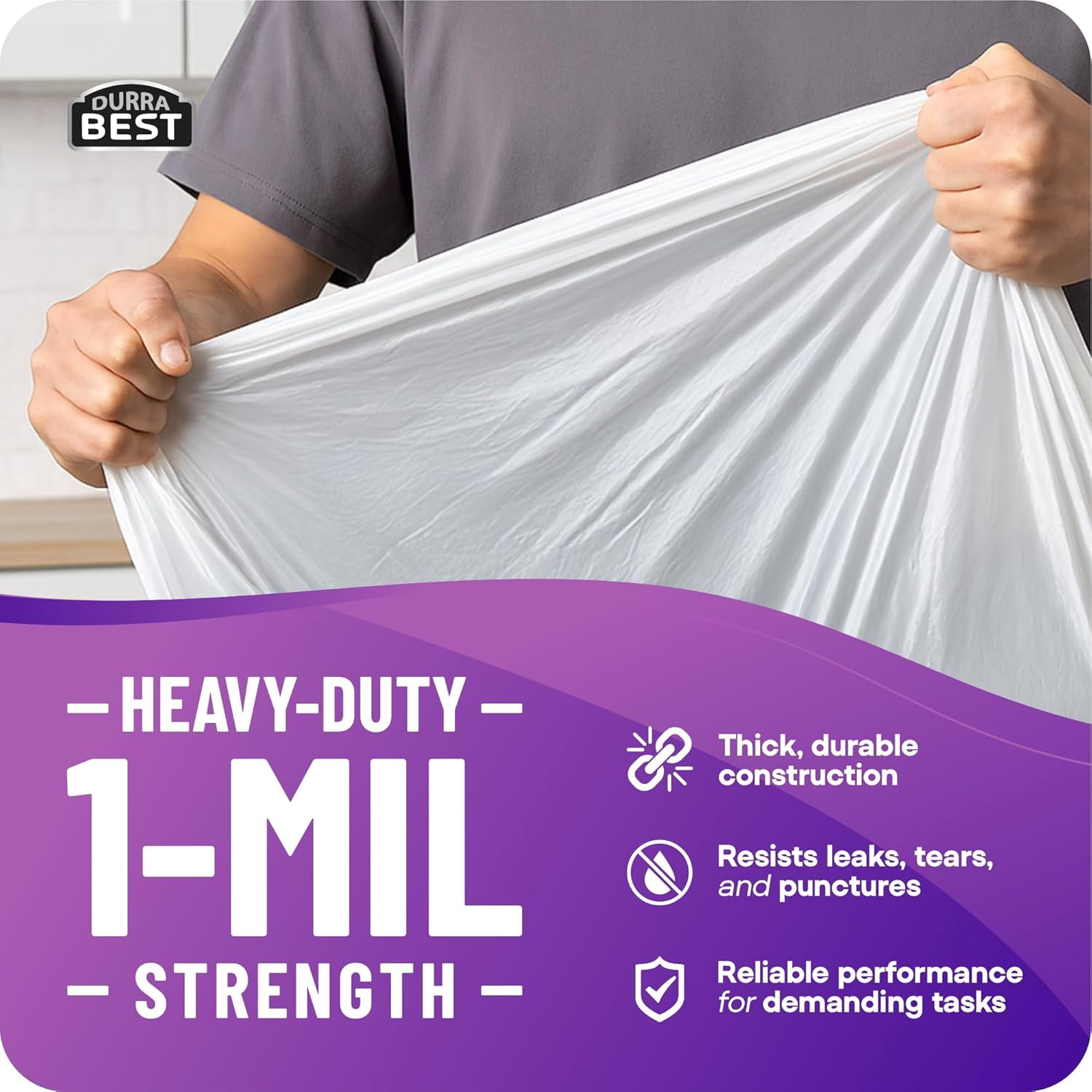 DURRA BEST Heavy-Duty Trash Bags – 120 count, 18 Gallon White, Ultra Thick Drawstring Garbage Bags – Leak-Resistant for Home & Commercial Use, Big Trash Bags, Made in USA