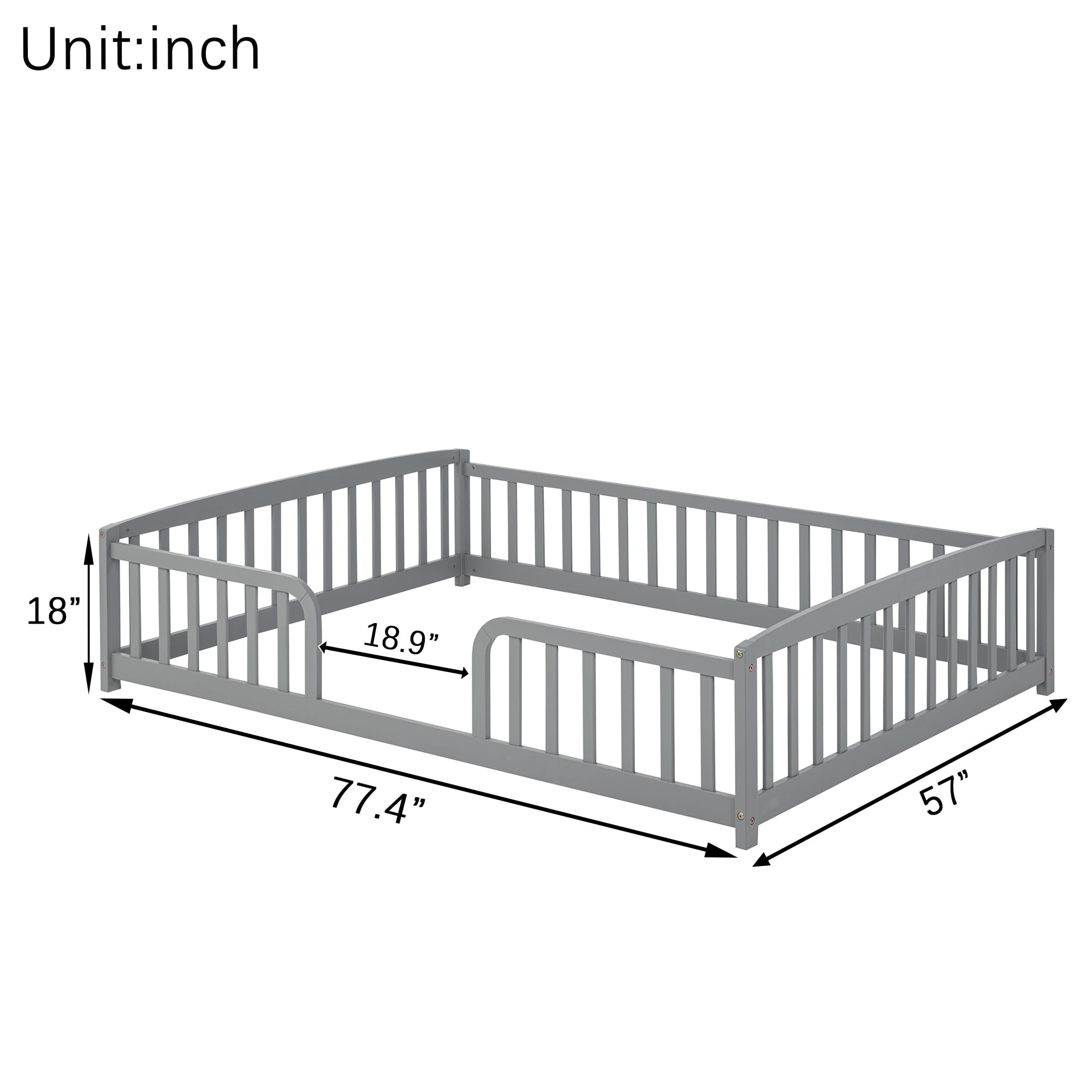 Jopath Full Size Floor Fence Bed with Central Entrance,Pine Wood Floor bed with Guardrails for Boys Girls Grey